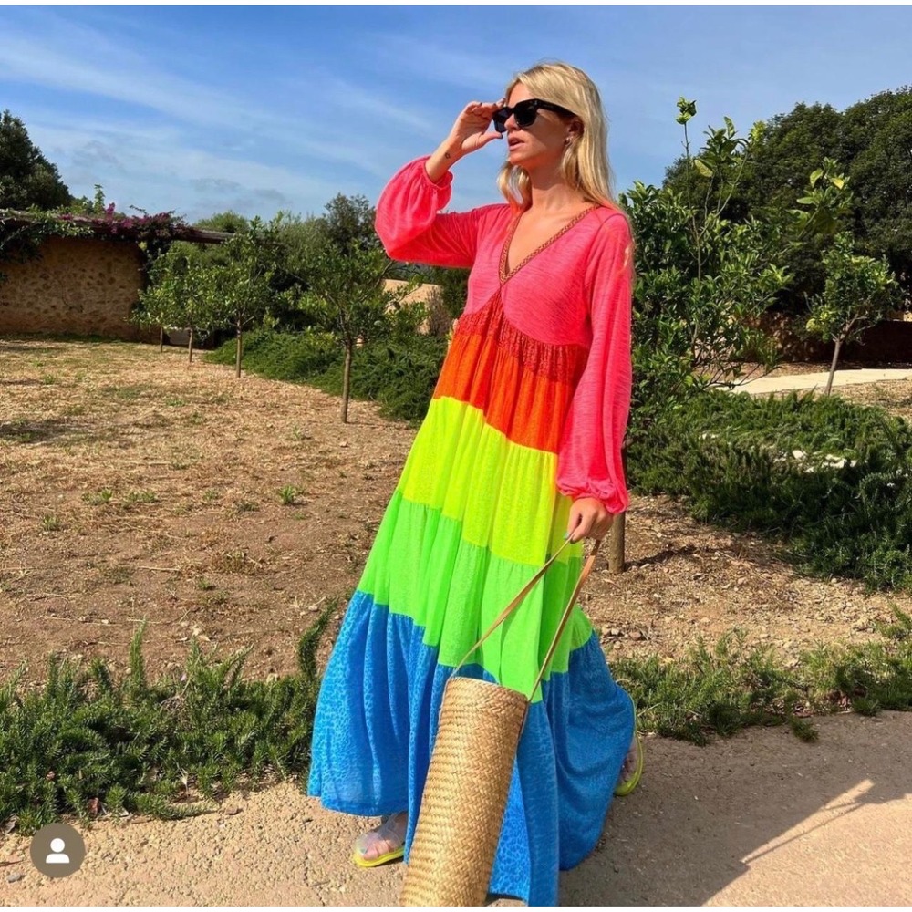Pitusa Rainbow Cheetah Maxi Dress Petite Multicolor Boho Tiered V-Neck